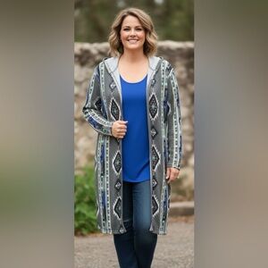 Signature Studio Open Long Cardigan Black White Tan Green Tribal Pattern size 3X
